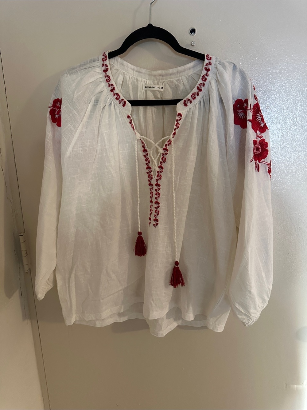 Encuentro White Red Cotton Embroidered Tassel Tie V-Neck Peasant Blouse M
